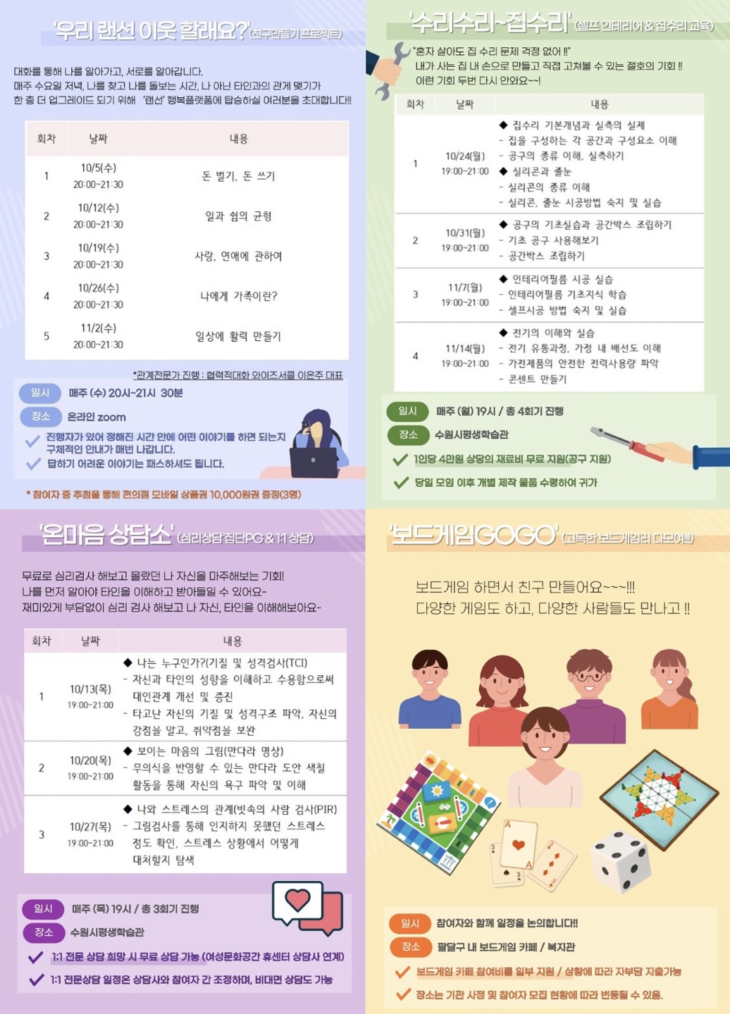 수원시 1인가구 행복나기 프로젝트(1:1개인상담, 심리프로그램, 의사소통프로그램, 집수리 등)